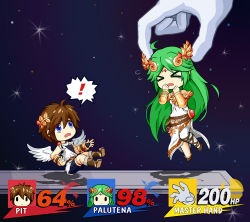 Rule 34 | !, &gt; &lt;, angel wings, chibi, closed eyes, highres, jewelry, kid icarus, lots of jewelry, master hand, nintendo, palutena, pit (kid icarus), space, speech bubble, super smash bros., thighhighs, wings, yuyukong