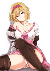 Rule 34 | 1girl, armor, ass, bare shoulders, blonde hair, boots, bow, breasts, brown eyes, brown footwear, cleavage, collarbone, commentary request, djeeta (granblue fantasy), dress, empty eyes, frilled dress, frills, granblue fantasy, hairband, head tilt, highres, large breasts, looking to the side, off shoulder, panties, pantyshot, parted lips, pink bow, pink hairband, shadow, short hair, simple background, sitting, solo, thigh boots, thighhighs, thighs, torn clothes, torn dress, underwear, watarase piro, white background, white panties