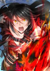 Rule 34 | 1girl, belt, black hair, boots, breasts, cleavage, coat, long hair, looking at viewer, medium breasts, open mouth, short shorts, shorts, solo, tales of (series), tales of berseria, v-shaped eyebrows, velvet crowe, very long hair, yellow eyes
