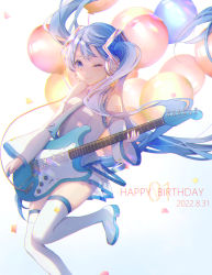 Rule 34 | 1girl, ;), balloon, blue background, blue eyes, blue hair, blue necktie, boots, breasts, closed mouth, collared shirt, commentary request, dated, detached sleeves, electric guitar, feet out of frame, gradient background, guitar, happy birthday, hatsune miku, headphones, headset, highres, holding, holding instrument, instrument, long sleeves, necktie, one eye closed, pleated skirt, shiromi, shirt, skirt, sleeveless, sleeveless shirt, small breasts, smile, solo, thigh boots, tie clip, twintails, vocaloid, white background, white footwear, white shirt, white skirt, white sleeves, wide sleeves