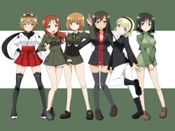 Rule 34 | 10s, 6+girls, black hair, black panties, blonde hair, blue eyes, brave witches, breasts, brown eyes, brown hair, cleavage, cropped jacket, federica n. doglio, goggles, goggles on head, green eyes, gundula rall, hairband, kadomaru misa, katou keiko, military, military uniform, minna-dietlinde wilcke, multiple girls, no pants, noble witches, official style, orange hair, panties, pantyhose, red panties, ribbed sweater, rosalie de hemricourt de grunne, scarf, strike witches, strike witches: katayoku no majo-tachi, strike witches: kurenai no majo-tachi, sweater, thighhighs, underwear, uniform, witches of africa, world witches series, yellow eyes, yumekaranigeruna