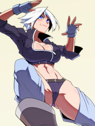 Rule 34 | 1girl, angel (kof), blue eyes, boots, breasts, chaps, cleavage, commentary request, cowboy boots, cropped jacket, fingerless gloves, gloves, highres, jacket, jin (mugenjin), large breasts, leather, leather jacket, looking at viewer, mexico, short hair, simple background, smile, snk, solo, the king of fighters, toned, white hair