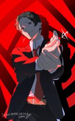 Rule 34 | 1boy, adachi tooru, belt, black jacket, black pants, btmr game, closed mouth, collared shirt, finger gun, highres, jacket, long sleeves, looking at viewer, male focus, necktie, open clothes, open jacket, pants, persona, persona 4, shirt, signature, solo, twitter username, white shirt