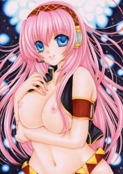 Rule 34 | 1girl, absurdres, blue eyes, breast hold, breasts, female focus, headset, highres, large breasts, long hair, looking at viewer, megurine luka, mocomoco party, navel, nipples, no bra, open clothes, pink hair, smile, solo, vocaloid