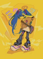 Rule 34 | 1girl, aji (groongloon), backpack, bag, blue eyes, blue hair, hand up, hatsune miku, highres, kneeling, looking at viewer, shoes, sign, signature, simple background, smile, sneakers, solo, solo focus, standing, tagme, text focus, twintails, vocaloid, yellow background