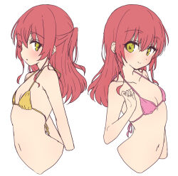 Rule 34 | 1girl, bikini, bocchi the rock!, breasts, closed mouth, green eyes, highres, kita ikuyo, long hair, looking at viewer, mel (melty pot), pink bikini, red hair, simple background, small breasts, smile, swimsuit, white background, yellow bikini