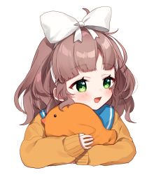Rule 34 | 1girl, :d, ahoge, asuka hina, blue sailor collar, blush, bow, brown hair, brown sweater, cropped torso, green eyes, hair bow, long hair, long sleeves, looking away, looking to the side, nijisanji, hugging object, open mouth, sailor collar, simple background, sleeves past wrists, smile, solo, stuffed animal, stuffed bird, stuffed toy, sweater, upper body, virtual youtuber, white background, white bow, yamabukiiro
