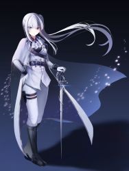 Rule 34 | 1girl, absurdres, black footwear, breasts, cape, commentary, copyright request, full body, grey hair, heterochromia, highres, holding, holding sword, holding weapon, jacket, knight, long hair, long sleeves, looking at viewer, medium breasts, onsem, side ponytail, solo, standing, sword, uniform, weapon, white cape, white jacket, white legwear, white neckwear