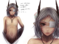 Rule 34 | 1girl, cross, cuts, demon girl, eyepatch, flat chest, flower, hair flower, hair ornament, injury, jewelry, kushima rei, navel, necklace, nipples, original, pointy ears, realistic, short hair, silver hair, soft skin tone, undressing