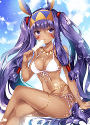 Rule 34 | 1girl, animal ears, bare arms, bare shoulders, bikini, breasts, cleavage, commentary request, dark skin, dark-skinned female, day, facial mark, fate/grand order, fate (series), food, front-tie bikini top, front-tie top, headband, holding, holding food, invisible chair, jewelry, large breasts, crossed legs, long hair, looking at viewer, navel, necklace, nitocris (fate), nogi takayoshi, popsicle, purple eyes, purple hair, side-tie bikini bottom, sidelocks, sitting, solo, stomach, swimsuit, thighs, tongue, tongue out, twintails, very long hair, white bikini