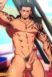 Rule 34 | 1boy, abs, arm tattoo, arm up, armpits, bara, bare pectorals, beard, black hair, bulge, censored, erection, closed eyes, facial hair, final fantasy, final fantasy xv, gladiolus amicitia, highres, jewelry, large pectorals, looking at viewer, lvlv, male focus, male pubic hair, medium hair, mosaic censoring, muscular, navel, navel hair, necklace, nipples, nude, pectorals, penis, pubic hair, scar, scar across eye, scar on face, shoulder tattoo, solo, tattoo, testicles, thick thighs, thighs, veins, veiny penis
