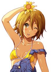 Rule 34 | 1girl, ;d, absurdres, arm up, bikini, blush, breasts, brown hair, collarbone, flower, hair down, highres, k-on!, one eye closed, open mouth, shian (my lonly life.), short hair, smile, solo, swimsuit, tainaka ritsu, transparent background, vector trace, wink