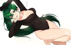 Rule 34 | 1girl, alternate costume, asymmetrical bangs, blush, breasts, cleavage, fire emblem, fire emblem: the blazing blade, from side, green eyes, green hair, large breasts, long hair, looking at viewer, lyn (fire emblem), nintendo, open mouth, ormille, ponytail, simple background, smile, solo, sparkle, thighs, very long hair, white background