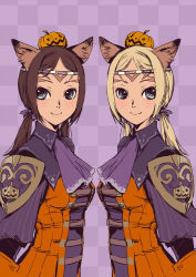 Rule 34 | 00s, 2girls, bad id, bad pixiv id, blonde hair, blue eyes, branch (blackrabbits), brown hair, checkered background, final fantasy, final fantasy xi, food-themed hair ornament, food themed hair ornament, hair ornament, jack-o&#039;-lantern, mirror image, mithra (ff11), multiple girls, pumpkin, pumpkin hair ornament, purple background, symmetry, twintails
