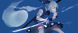 Rule 34 | 1girl, blood, blood on arm, blue background, blue eyes, commentary request, fighting stance, from side, grey hair, hair ribbon, highres, hitodama, holding, holding sword, holding weapon, ikurauni, konpaku youmu, mask, ribbon, shirt, short hair, short sleeves, skirt, solo, sword, touhou, weapon