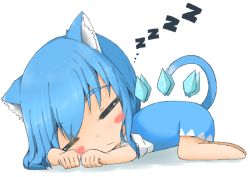 Rule 34 | 1girl, = =, animal ear fluff, animal ears, bare legs, barefoot, blue dress, blue hair, blush stickers, cat ears, cat tail, chibi, cirno, detached wings, dress, ice, ice wings, kemonomimi mode, lying, mizune (winter), on stomach, short hair, simple background, sleeping, tail, touhou, wings, zzz