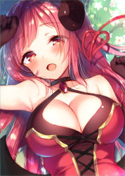 Rule 34 | 1girl, bare shoulders, black gloves, blush, breasts, cleavage, commentary request, demon girl, demon horns, demon tail, demon wings, elbow gloves, gloves, grass, hair between eyes, horns, io (princess connect!), looking at viewer, medium breasts, open mouth, princess connect!, red eyes, red hair, sazaki ichiri, solo, tail, wings
