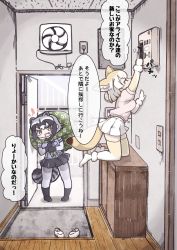 Rule 34 | 10s, 2girls, :3, :d, air conditioner, animal ears, backpack, bag, black gloves, black skirt, blonde hair, blouse, blue shirt, blush, commentary request, common raccoon (kemono friends), elbow gloves, fang, fennec (kemono friends), fox ears, fox tail, fur trim, gloves, grey hair, grey legwear, highres, holding, indoors, kemono friends, key, multicolored hair, multiple girls, notice lines, open door, open mouth, pantyhose, pink shirt, pink skirt, pleated skirt, raccoon ears, raccoon tail, shirt, shoes, unworn shoes, short hair, short sleeves, skirt, smile, switch, tail, tanaka kusao, thighhighs, translation request, white footwear, white skirt, yellow legwear