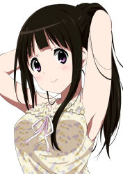 Rule 34 | 10s, 1girl, 3:, adjusting hair, armpits, arms up, black hair, blush, camisole, chitanda eru, hands in hair, hyouka, long hair, looking at viewer, md5 mismatch, purple eyes, ragho no erika, simple background, smile, solo, upper body, white background