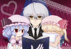 Rule 34 | 2girls, ahoge, bat wings, blonde hair, book, bow, butler, closed eyes, collarbone, flandre scarlet, glasses, gloves, hat, hat bow, heart, highres, holding, holding book, ko torii, light smile, md5 mismatch, morichika rinnosuke, multiple girls, necktie, hugging object, open book, pillow, pillow hug, purple hair, reading, red eyes, remilia scarlet, resolution mismatch, side ponytail, silver hair, source smaller, touhou, vampire, white gloves, wings, yellow eyes