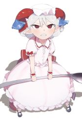 Rule 34 | 1girl, arolayukomori, back bow, blue ribbon, blush, bow, buttons, closed mouth, collared dress, commentary request, cosplay, dress, earrings, eyes visible through hair, frills, grey footwear, grey hair, hair between eyes, hat, highres, horns, jewelry, looking up, mob cap, pink dress, pointy ears, puffy short sleeves, puffy sleeves, red bow, red eyes, remilia scarlet, remilia scarlet (cosplay), ribbon, shadow, sharp teeth, shoes, short hair, short sleeves, simple background, socks, solo, spoon, standing, teeth, touhou, toutetsu yuuma, v-shaped eyebrows, weapon, white background, white hat, white socks, wrist cuffs