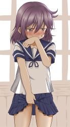 Rule 34 | 10s, 1girl, akebono (kancolle), alternate hair length, alternate hairstyle, blush, clothes lift, commentary request, hair between eyes, hair down, hand to own mouth, kantai collection, looking to the side, nose blush, purple eyes, purple hair, school uniform, serafuku, shino (ponjiyuusu), short hair, short sleeves, skirt, skirt lift, solo, sweat, sweatdrop, thighs, window, wooden wall