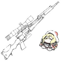 Rule 34 | 1girl, ^ ^, belt, beret, blonde hair, chibi, closed eyes, commentary request, dress, fr f2, gloves, grey footwear, gun, hair between eyes, hat, kantai collection, loafers, long hair, no mouth, pom pom (clothes), richelieu (kancolle), rifle, scarf, shoes, simple background, sniper rifle, solo, strapless, strapless dress, task (s task80), two-tone dress, weapon, white background, white hat