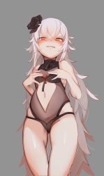 Rule 34 | 1girl, at2., azur lane, bare shoulders, black one-piece swimsuit, blush, breasts, casual one-piece swimsuit, flower, glaring, gluteal fold, grey background, hair flower, hair ornament, highres, long hair, looking at viewer, navel, one-piece swimsuit, orange eyes, simple background, small breasts, solo, swimsuit, white hair, aged down, zeppy (azur lane)