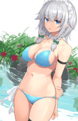 Rule 34 | 1girl, absurdres, arm strap, arms behind back, bare arms, bare shoulders, bikini, blue bikini, blue eyes, bow, braid, breasts, bush, clenched hand, collarbone, commentary request, cowboy shot, detached collar, flower, green bow, groin, hair between eyes, hair bow, highres, izayoi sakuya, large breasts, looking at viewer, maid headdress, navel, parted lips, partial commentary, red flower, ribbon, rock, short hair, sidelocks, silver hair, solo, standing, stomach, suiroh (shideoukami), swimsuit, thigh strap, thighs, touhou, twin braids, water, white background, white ribbon