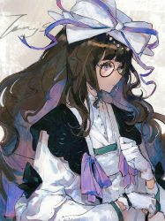 Rule 34 | 1girl, black-framed eyewear, blunt bangs, bow, brown hair, commentary request, commission, earrings, expressionless, glasses, gloves, hair bow, highres, jewelry, large bow, long hair, long sleeves, original, orniflop, purple bow, purple eyes, purple ribbon, ribbon, solo, upper body, white gloves