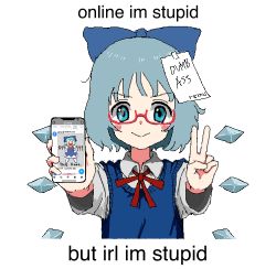 Rule 34 | 1girl, aiu404l, blue eyes, blue hair, cirno, english text, glasses, highres, looking at viewer, phone, ribbon, simple background, skirt, smile, touhou, white background