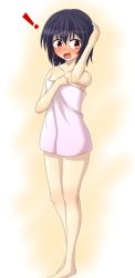 Rule 34 | !, 1girl, bare legs, bare shoulders, barefoot, black hair, blush, collarbone, d:, closed eyes, full-face blush, hand on own head, legs, naked towel, open mouth, red eyes, shameimaru aya, short hair, solo, tears, teoi (good chaos), touhou, towel