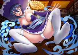 Rule 34 | 1boy, 1girl, absurdres, alternate costume, bare shoulders, blue hair, blue ribbon, blush, breasts, brown eyes, commission, detached sleeves, dress, embarrassed, eyelashes, feet, frills, full body, giant, giantess, hat, heart, highres, indoors, large breasts, leaning to the side, long sleeves, magical girl, magical patissier kosaki-chan, nisekoi, no shoes, panties, purple dress, purple headwear, ribbon, sahara1127, short dress, short hair, sidelocks, skeb commission, soles, spread legs, strapless, strapless dress, thighhighs, toes, tsugumi seishirou, underwear, white panties, white thighhighs, witch hat