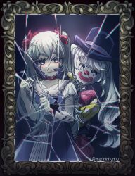 Rule 34 | 2girls, baggy pants, black headwear, blue dress, bow, bowtie, broken glass, broken mirror, choker, clenched teeth, clown, clown mask, clown nose, collarbone, commentary, crying, crying with eyes open, dress, dual persona, empty eyes, english commentary, fingersmile, forced smile, frilled sleeves, frills, glass, hair ribbon, half-closed eyes, hat, hatsune miku, highres, karakuri pierrot (vocaloid), light blush, long hair, marininho, mask, mirror, multicolored hair, multiple girls, muted color, pale skin, pants, picture frame, polka dot sleeves, red bow, red bowtie, red choker, red pants, red ribbon, ribbon, short sleeves, spring onion, streaked hair, streaming tears, striped bow, striped bowtie, striped clothes, striped pants, tears, teeth, top hat, twintails, twitter username, vertical-striped clothes, vertical-striped pants, vocaloid, wavy hair, yellow sleeves