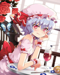 Rule 34 | 1girl, arm support, bare shoulders, bat wings, blue hair, bug, butterfly, cake, chair, chiba sadoru, cup, drink, drinking glass, drinking straw, dutch angle, female focus, flower, food, fork, glass, hat, hat ribbon, highres, bug, light purple hair, red eyes, red flower, red rose, remilia scarlet, ribbon, rose, short hair, sitting, solo, table, touhou, wine glass, wings, wrist cuffs