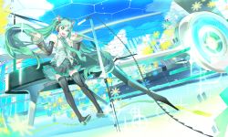 Rule 34 | 119, 1girl, 1ten, aqua eyes, aqua hair, bare shoulders, detached sleeves, dutch angle, hatsune miku, highres, instrument, long hair, looking at viewer, microphone, necktie, open mouth, piano, skirt, smile, solo, thighhighs, twintails, very long hair, vocaloid, zettai ryouiki