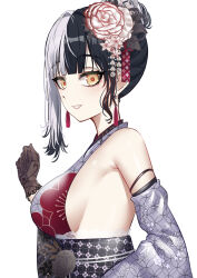 Rule 34 | 1girl, absurdres, bare shoulders, black hair, blush, breasts, brown gloves, detached sleeves, earrings, floral print, flower, gloves, grey hair, hair bun, hair flower, hair ornament, highres, hololive, hololive english, japanese clothes, jewelry, kimono, lace, lace gloves, large breasts, looking at viewer, multicolored hair, print kimono, rebelium, shiori novella, shiori novella (new year), sideboob, sidelocks, single hair bun, sleeveless, sleeveless kimono, smile, solo, split-color hair, tassel, tassel earrings, upper body, virtual youtuber, white background, wide sleeves, yellow eyes