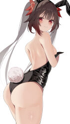 absurdres animal_ears ass back bare_shoulders black_leotard brown_hair butterfly-shaped_pupils fake_tail highres honkai:_star_rail honkai_(series) leotard long_hair looking_at_viewer nekomaru_(nekomaru222) no_bra playboy_bunny rabbit_ears rabbit_tail red_eyes smile sparkle_(honkai:_star_rail) symbol-shaped_pupils tail twintails very_long_hair