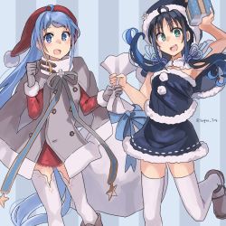 Rule 34 | 2girls, black capelet, black skirt, blue eyes, blue hair, blush, box, brown footwear, buttons, capelet, christmas, coat, gift, gift box, gloves, green eyes, grey coat, grey gloves, hat, highres, holding, holding gift, kantai collection, long hair, multiple girls, open mouth, pom pom (clothes), sack, samidare (kancolle), santa costume, santa hat, shoes, skirt, smile, star (symbol), sugue tettou, suzukaze (kancolle), teeth, thighhighs, twitter username, upper teeth only, v-shaped eyebrows, very long hair, white legwear
