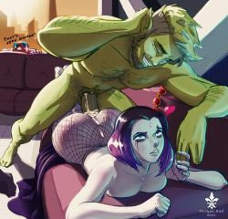 Rule 34 | 1girl, 2boys, absurdres, aged up, alternate hairstyle, alternate legwear, anal, arm hair, ass, beard, beast boy (dc), belt, boy on top, breasts, chest hair, closed eyes, clothed female nude male, clothes on floor, colored skin, commentary, couch, couple, cum, cum in ass, cum on ass, cum overflow, cyborg (dc), dark-skinned male, dark skin, dc comics, english commentary, english text, facial hair, fingernails, fishnet pantyhose, fishnets, forehead jewel, full body, green hair, green skin, grey skin, grin, happy sex, heart, hetero, highres, holding hands, indoors, large penis, legs together, looking at another, looking up, lying, male pubic hair, medium breasts, multiple boys, narrow waist, nude, on stomach, pantyhose, peeking, penis, pubic hair, purple eyes, purple hair, raven (dc), rolling eyes, royal nod, runny makeup, short hair, sideburns, smile, teen titans, teeth, topless, torn clothes, torn legwear, uncensored, unworn belt, veins, veiny penis, wide hips