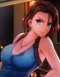 Rule 34 | 1girl, against railing, armpit peek, bare arms, blue eyes, blue shirt, breasts, brown hair, cleavage, collarbone, commentary request, dirt, furrowed brow, jewelry, jill valentine, large breasts, leaning back, light smile, looking at viewer, nagare, necklace, neon lights, partial commentary, railing, resident evil, resident evil 3, resident evil 3: nemesis, resident evil 3 (remake), shirt, short hair, sleeveless, sleeveless shirt, solo, standing, strap, striped clothes, striped shirt, tsurime, twitter username, undershirt, upper body