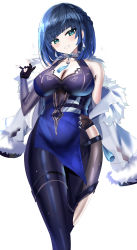 Rule 34 | 1girl, absurdres, arms behind back, bare shoulders, black gloves, blue dress, blue hair, braid, breasts, cleavage, clothing cutout, dangle earrings, diagonal bangs, dice, dress, earrings, elbow gloves, feather-trimmed jacket, fur trim, genshin impact, gloves, green eyes, hanasaka houcha, hand up, highres, jewelry, large breasts, looking at viewer, mole, mole on breast, multicolored hair, neck tassel, off shoulder, parted lips, partially fingerless gloves, pelvic curtain, shirt, short hair, single elbow glove, sleeveless, sleeveless dress, smile, solo, two-tone hair, white background, white shirt, yelan (genshin impact)