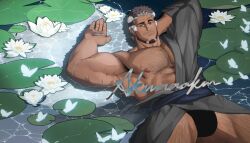Rule 34 | 1boy, akunaakun (kunkun586586), arm behind head, armpit hair, armpits, artist name, bara, beard, biceps, brown eyes, brown hair, bulge, facial hair, flower, gyee, hairy, highres, japanese clothes, kimono, large pectorals, looking at viewer, lotus, lotus leaf, lying, male focus, male swimwear, manly, mature male, multicolored hair, muscular, muscular male, nipples, on back, open clothes, outdoors, pectorals, scar, signature, smirk, solo, swim briefs, takashi (gyee), thick arms, thick eyebrows, thick thighs, thighs, very hairy, water, wet, white hair