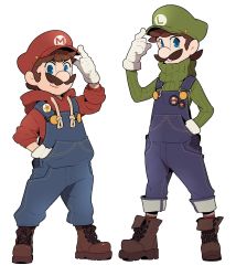 Rule 34 | 2boys, bad id, bad twitter id, blue eyes, boots, brothers, brown hair, facial hair, full body, gloves, hat, highres, looking at viewer, luigi, male focus, mario, mario (series), multiple boys, mustache, nintendo, overalls, redlhzz, short hair, siblings, simple background, smile, tagme, white background