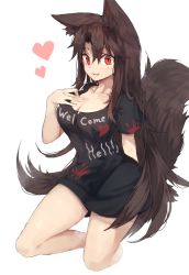 Rule 34 | 1girl, animal ears, bad id, bad pixiv id, black hair, black shirt, blush, breasts, cleavage, clothes writing, collarbone, commentary request, cosplay, hair between eyes, heart, hecatia lapislazuli, hecatia lapislazuli (cosplay), imaizumi kagerou, large breasts, long hair, looking at viewer, no pants, parted lips, red eyes, shirt, short sleeves, smile, solo, suminagashi, t-shirt, tail, touhou, very long hair, wolf ears, wolf tail