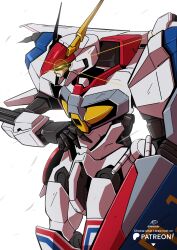 absurdres alex_(apdoodles) d-1 feet_out_of_frame glowing glowing_eye highres kikou_senki_dragonar mecha mecha_focus no_humans patreon_logo robot science_fiction shield signature simple_background solo standing twitter_username white_background yellow_eyes