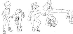 Rule 34 | 1girl, ass, clenched teeth, closed mouth, closed eyes, female focus, foreshortening, highres, monochrome, navel, original, pants, satsuyo, serious, shoes, short hair, sketch, solo, teeth, tomboy, upside-down, wind, yoga pants