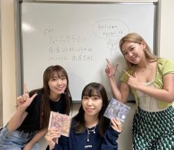 Rule 34 | 3girls, cd case, chalkboard, indoors, kobayashi aika, long hair, multiple girls, photo (medium), saito shuka, smile, takatsuki kanako, voice actor