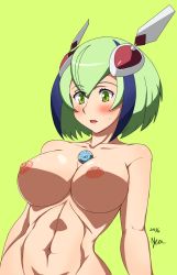 Rule 34 | 10s, 1girl, abs, alternate breast size, android, belly, blue hair, blush, breasts, dated, dimension w, green background, green eyes, green hair, headgear, highres, large breasts, matching hair/eyes, multicolored hair, navel, nipples, nishiumi yuuta, nude, short hair, signature, simple background, solo, stomach, toned, two-tone hair, yurizaki mira
