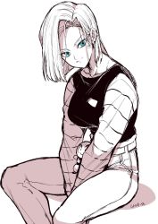 Rule 34 | 1girl, android 18, blue eyes, character doll, closed mouth, denim, dragon ball, dragonball z, greyscale, highres, jeans, kuririn, long sleeves, monochrome, pants, short hair, simple background, sitting, smile, solo, striped sleeves, takatsuki ichi, white background
